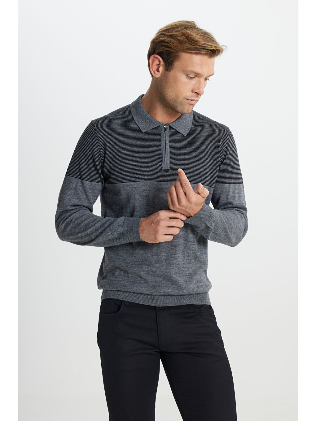 Erkek Gri Melanj Yün Standart Fit Normal Kesim Polo Yaka Çizgili Triko Kazak-2
