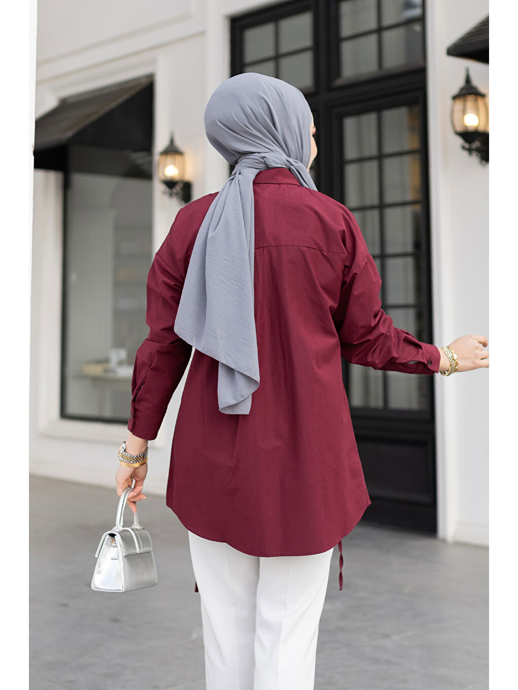 Kadın İp Detaylı Yırtmaçlı Gömlek Bordo-3