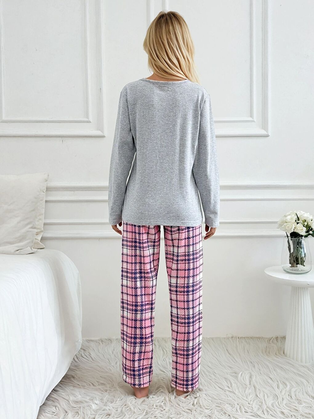 Gri Ayıcık Baskılı Süprem Kumaş Kadın Pijama Takımı-1