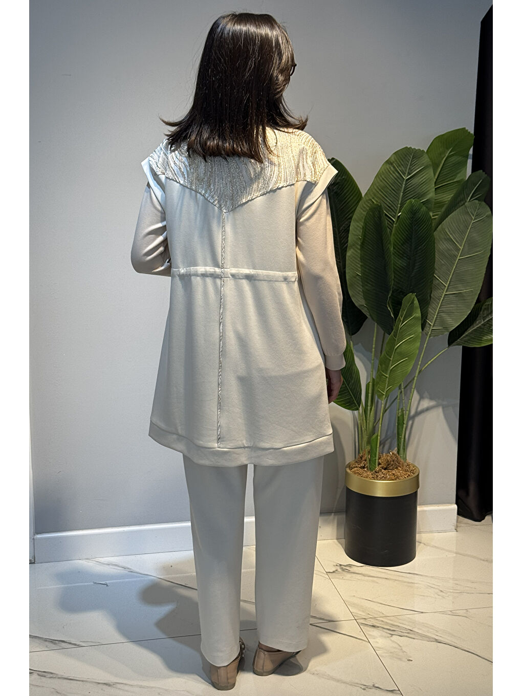 Kadın Yelek Pantolon Jakar Detay Takım 7303 Ekru-4