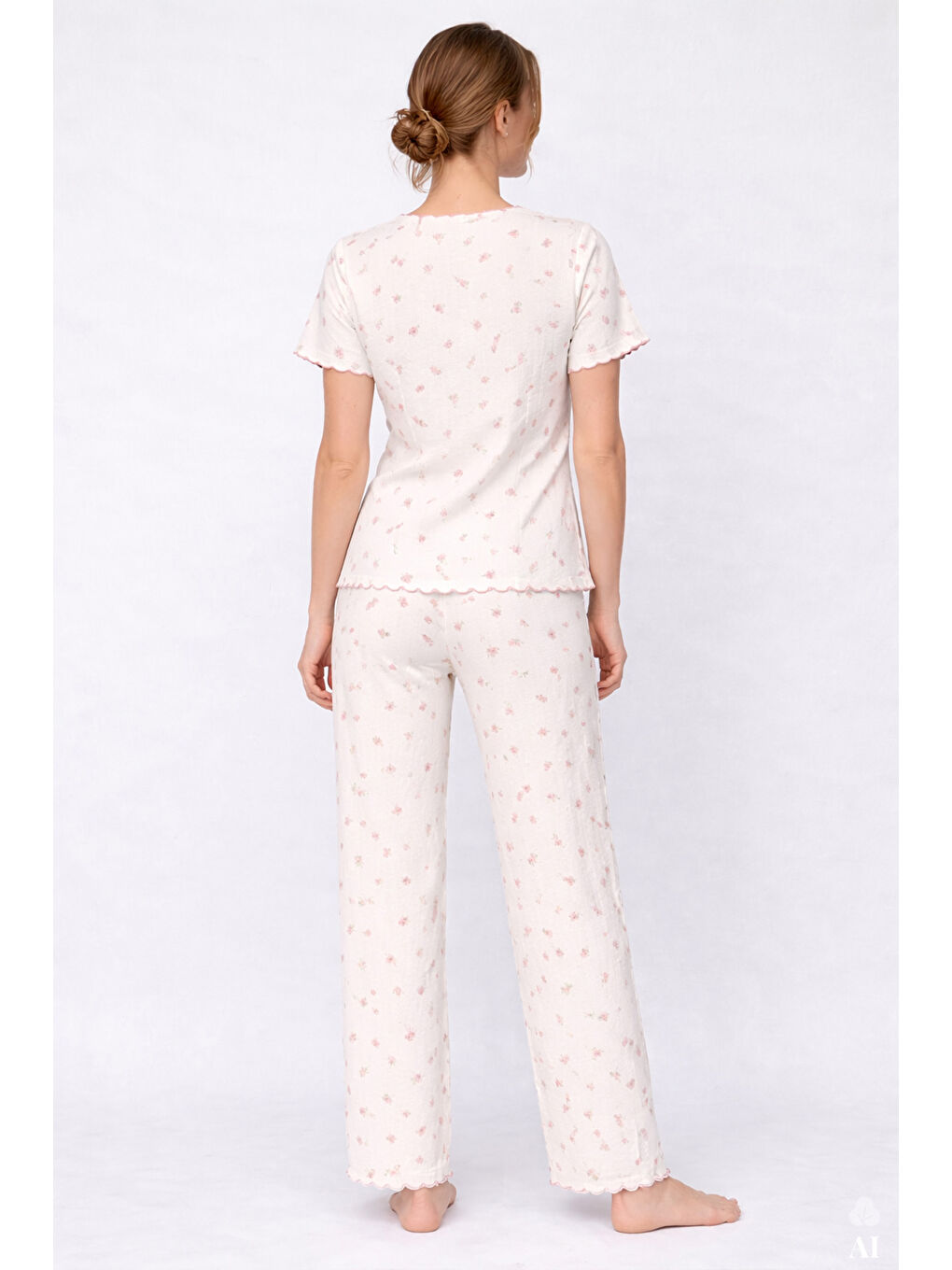 Pembe Kadın Kısa Kollu Fiyonklu Fitilli Pijama Takımı-2