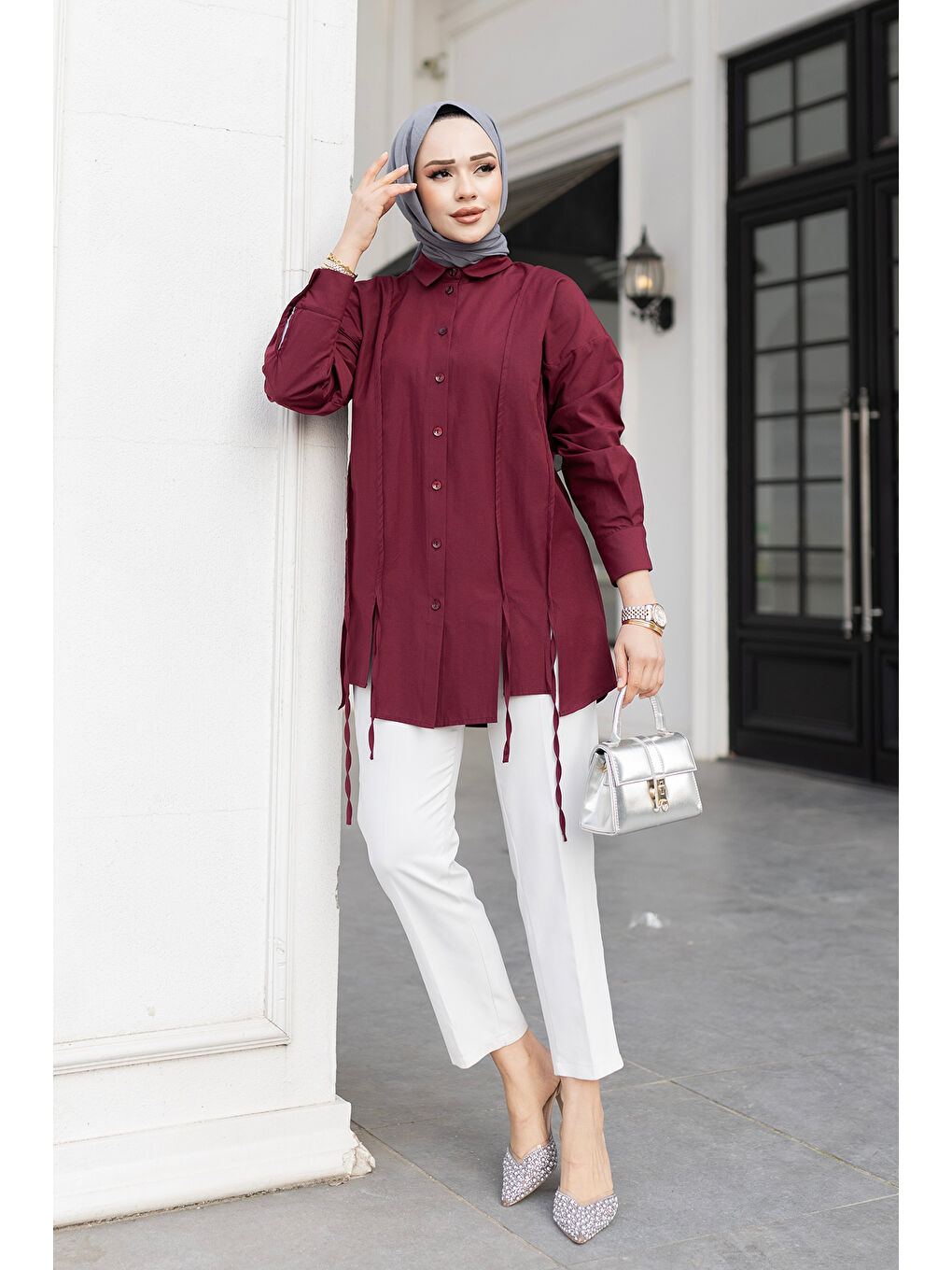 Kadın İp Detaylı Yırtmaçlı Gömlek Bordo-4