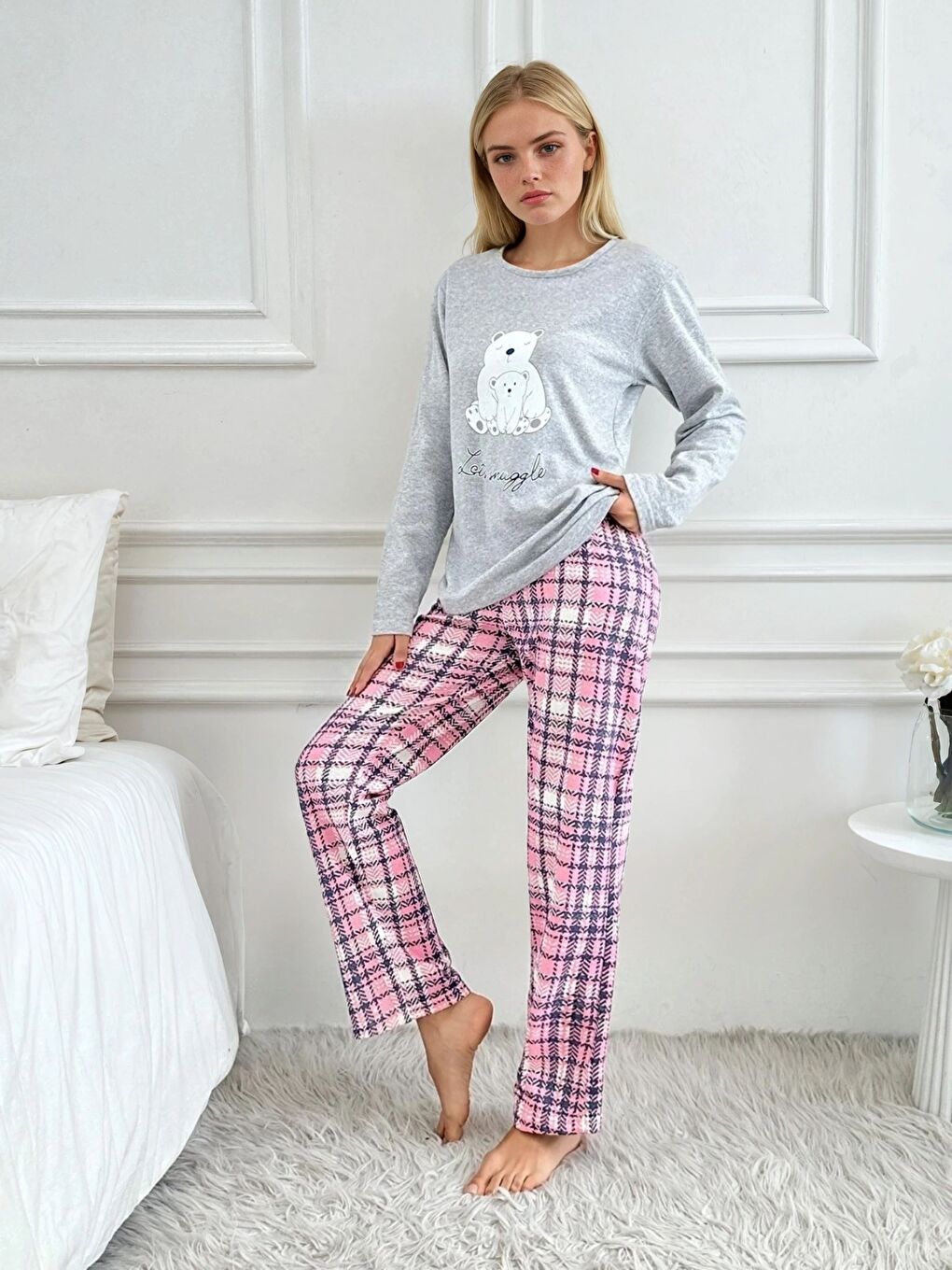 Gri Ayıcık Baskılı Süprem Kumaş Kadın Pijama Takımı-2