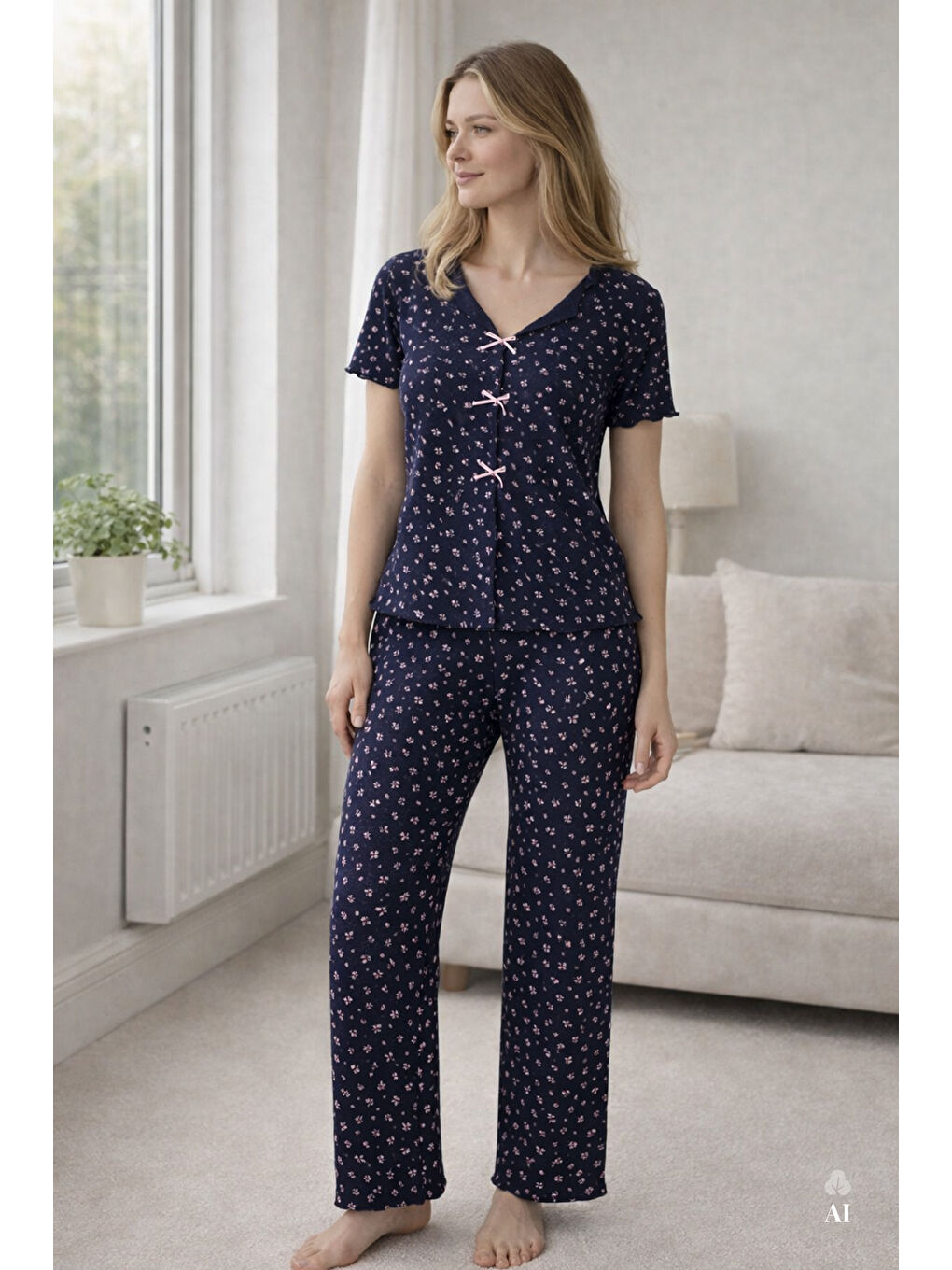 Lacivert Kadın Kısa Kollu Fiyonklu Fitilli Pijama Takımı-1