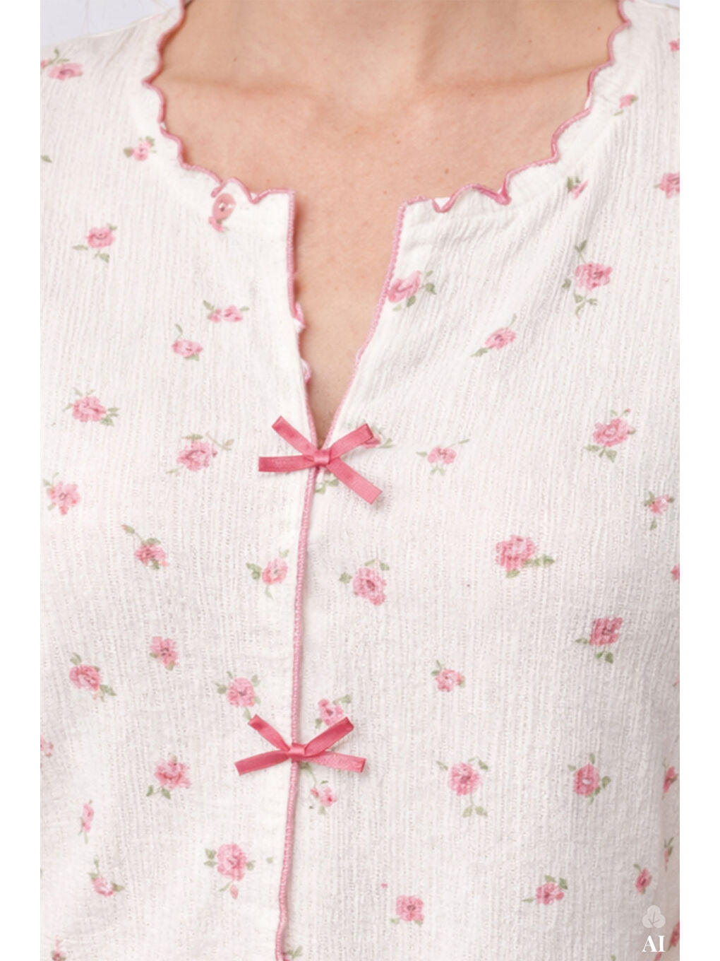 Pembe Kadın Kısa Kollu Fiyonklu Fitilli Pijama Takımı-3