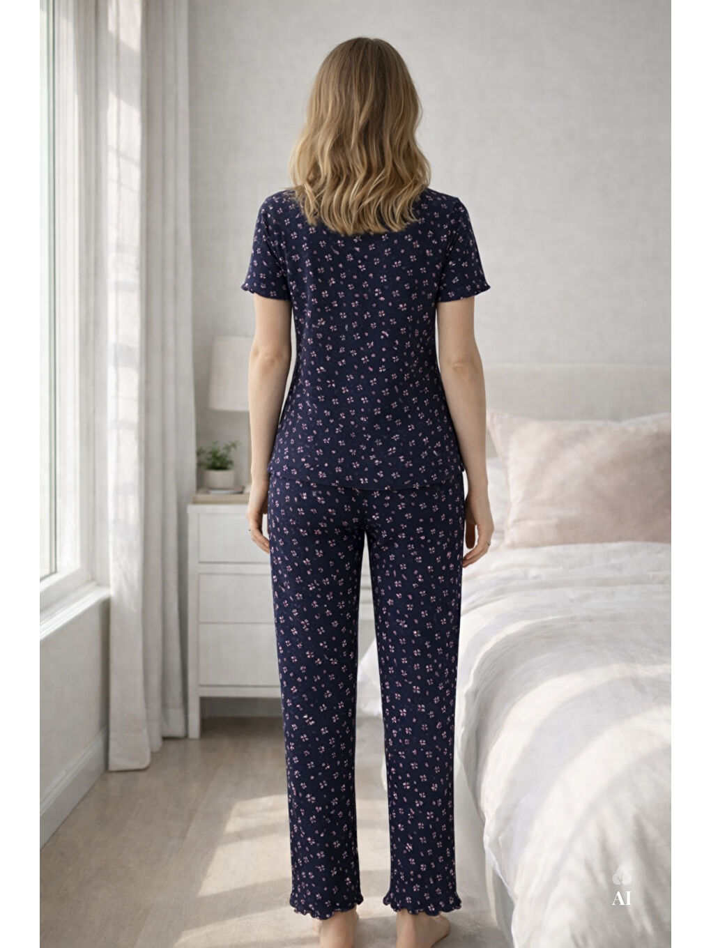 Lacivert Kadın Kısa Kollu Fiyonklu Fitilli Pijama Takımı-2