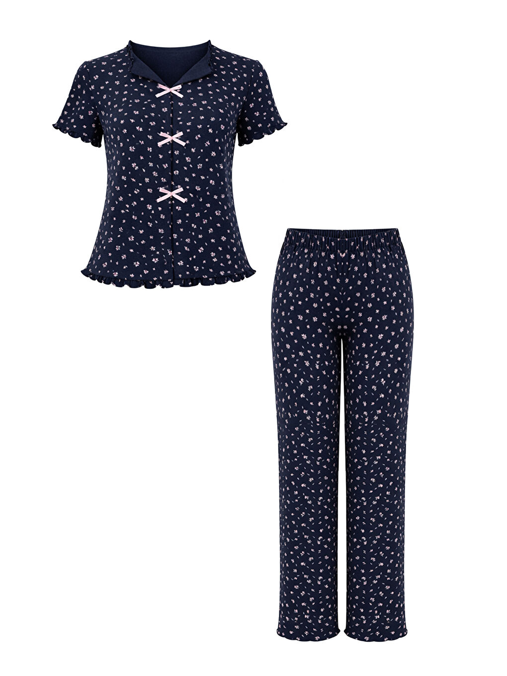 Lacivert Kadın Kısa Kollu Fiyonklu Fitilli Pijama Takımı-3