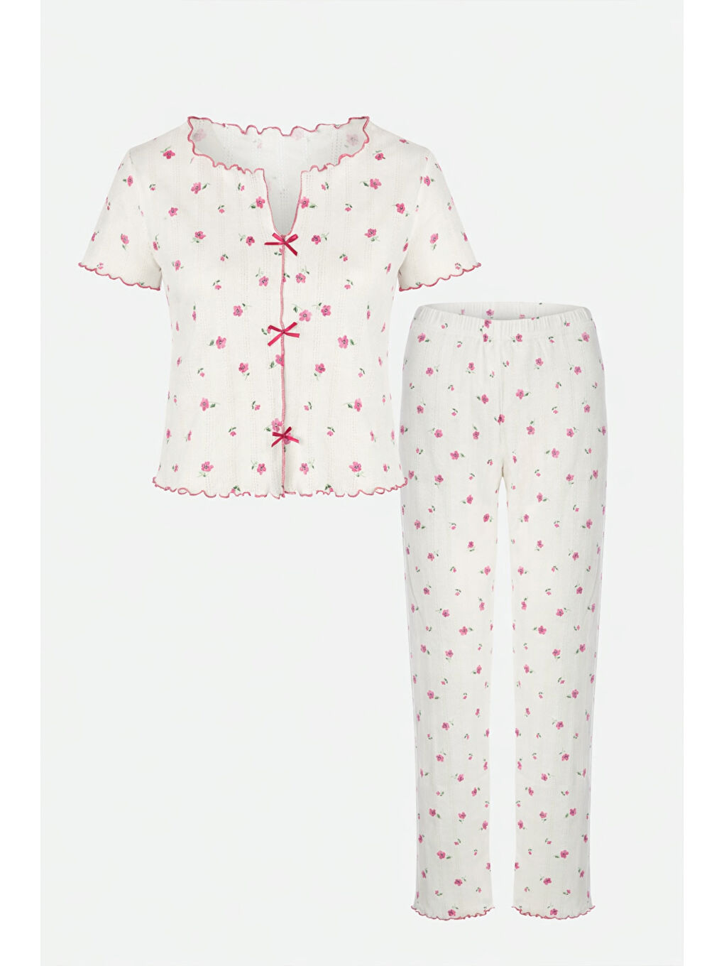 Pembe Kadın Kısa Kollu Fiyonklu Fitilli Pijama Takımı-4