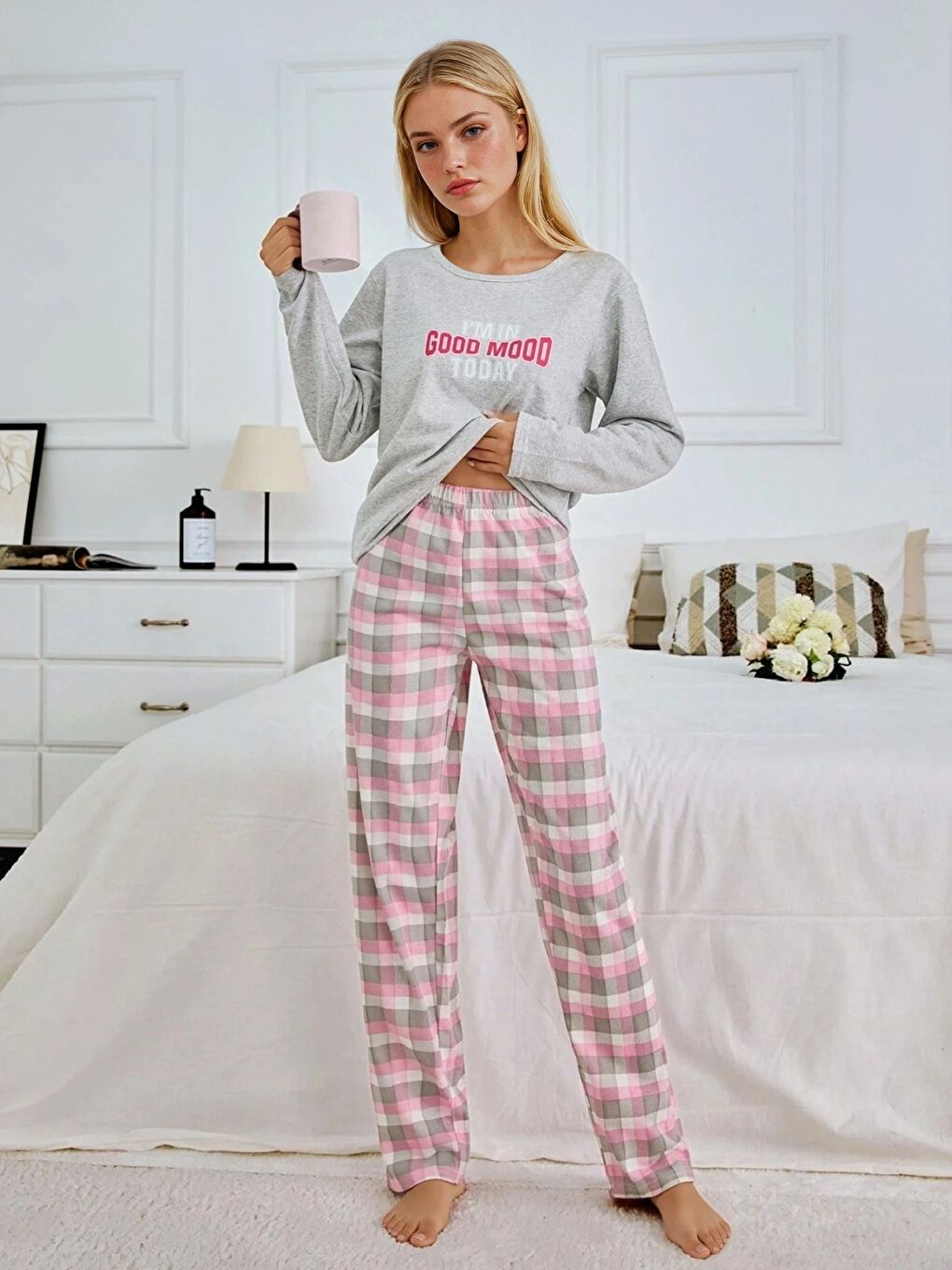 Gri Good Mood Süprem Kumaş Kadın Pijama Takımı