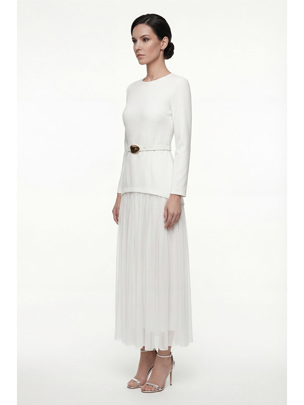 Kadın Beyaz Kemerli Midi Abiye Elbise-1