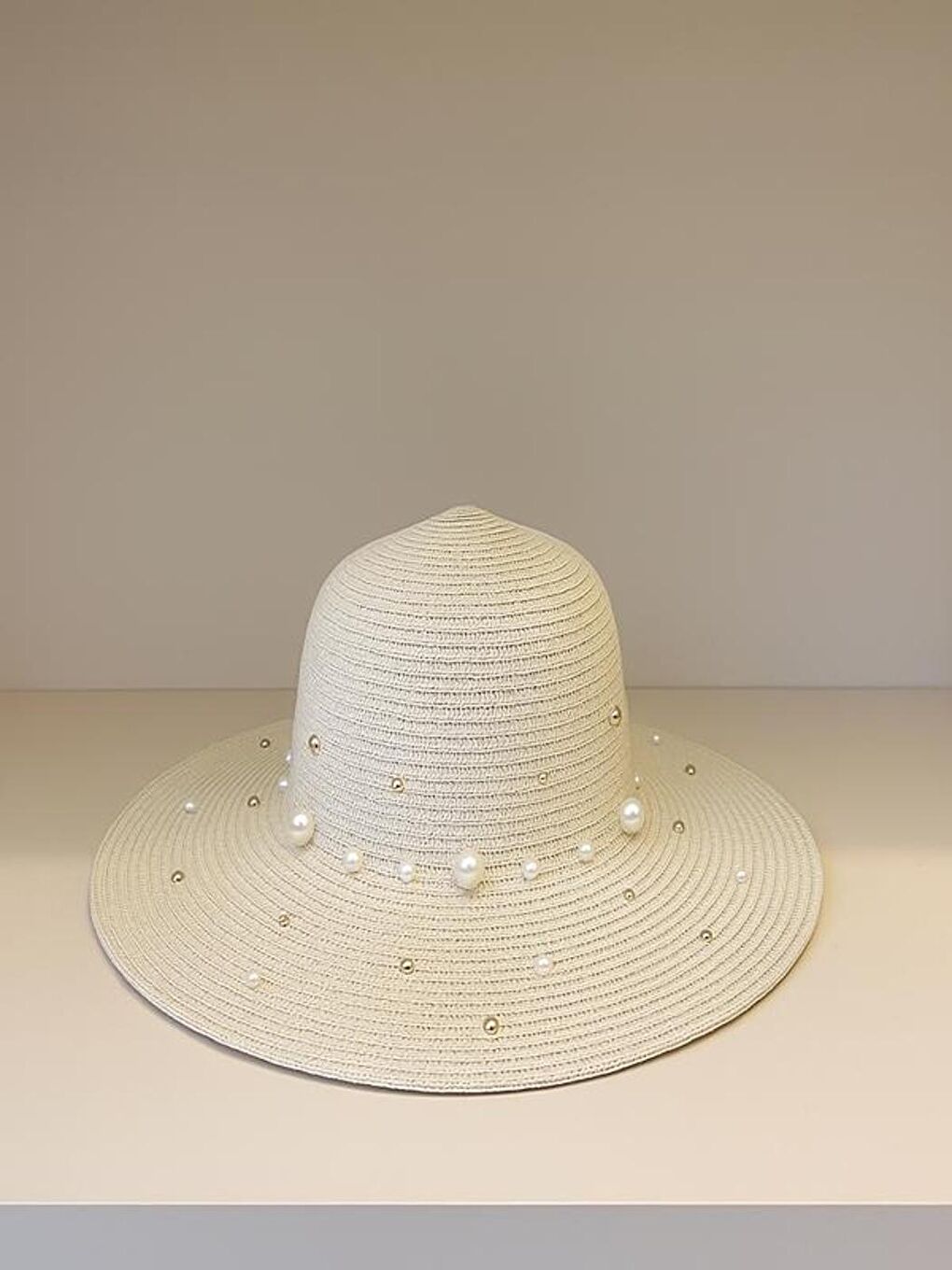 Ekru Krem  İncili Geniş Hasır Şapka HSR2069 Kutulu Gönderim