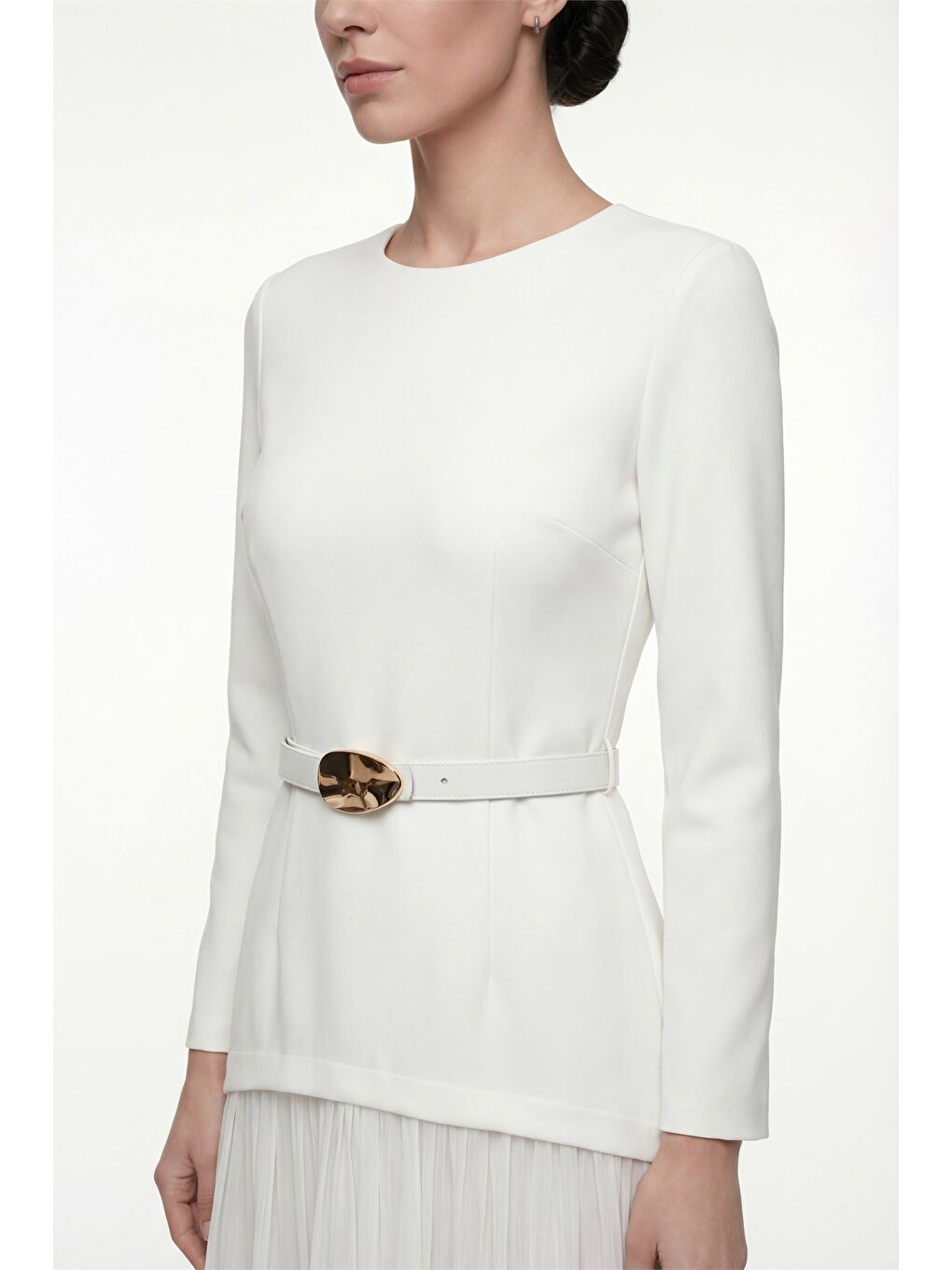 Kadın Beyaz Kemerli Midi Abiye Elbise-2