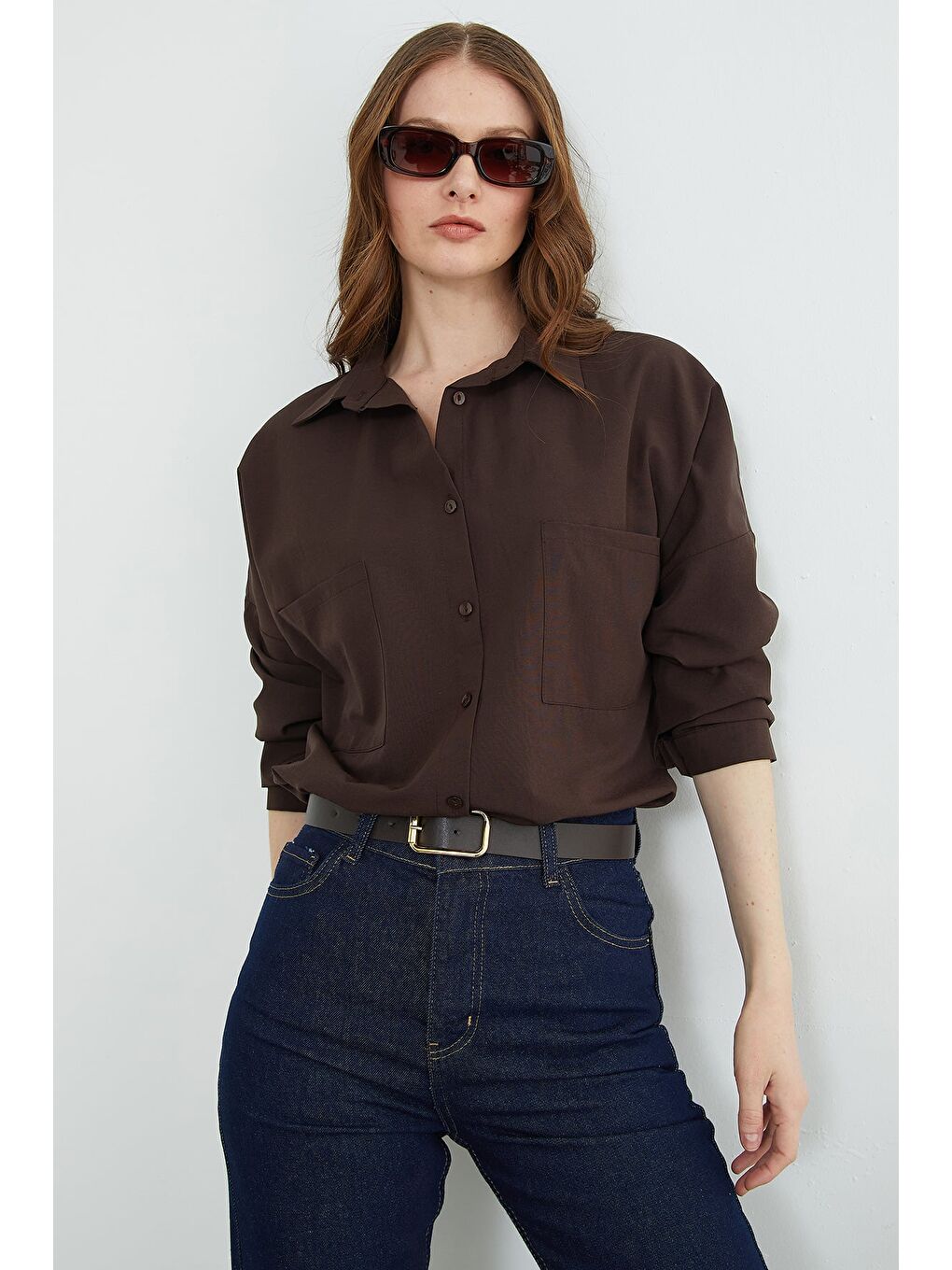 Kahverengi Basic Çift Cepli Gömlek-1