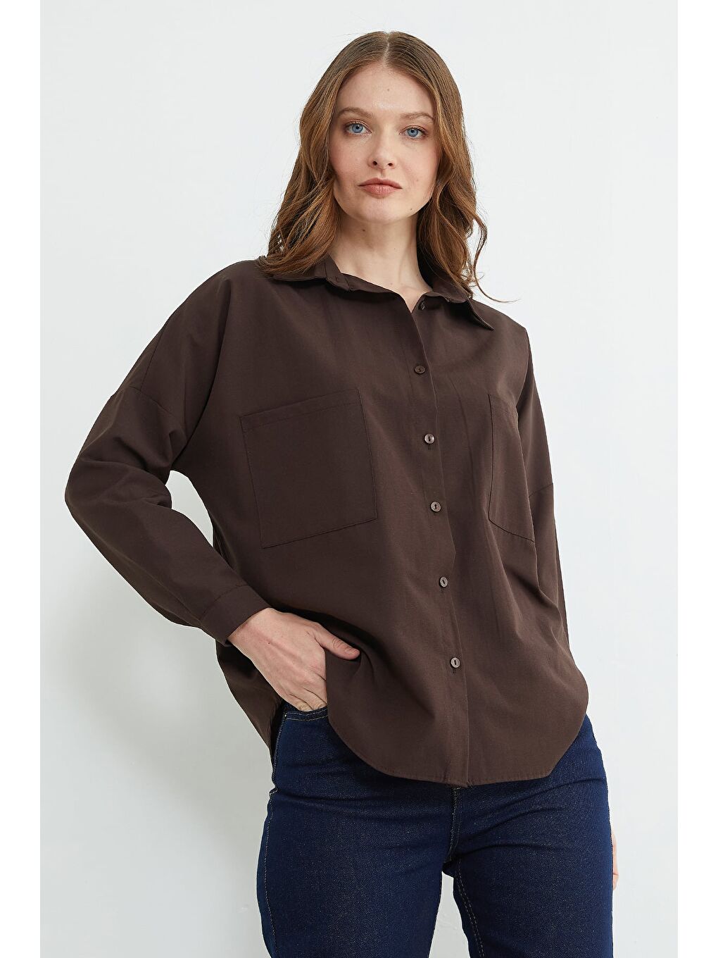 Kahverengi Basic Çift Cepli Gömlek-2