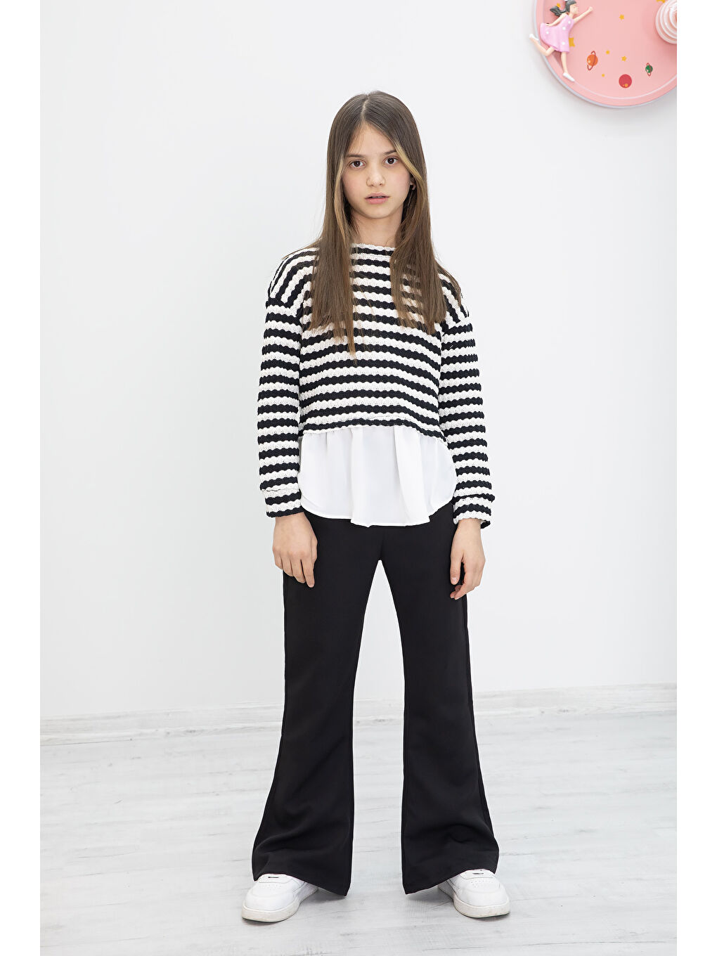 Siyah Çizgili Bluzlu İspanyol Paça Pantolonlu Kız Çocuk 2li Takım 19986