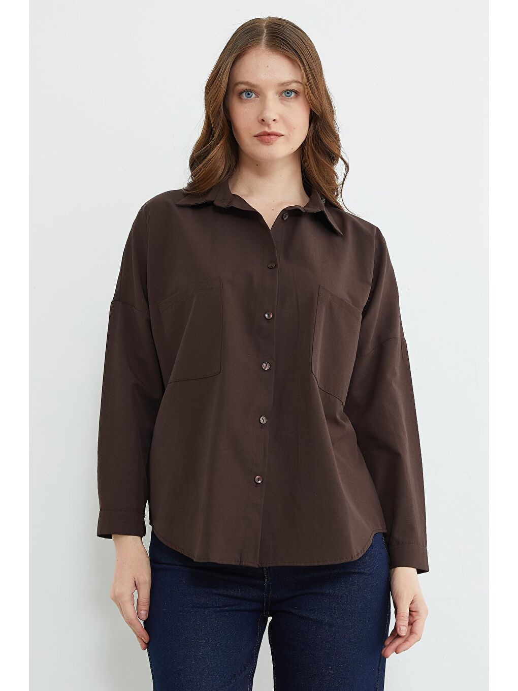 Kahverengi Basic Çift Cepli Gömlek-3