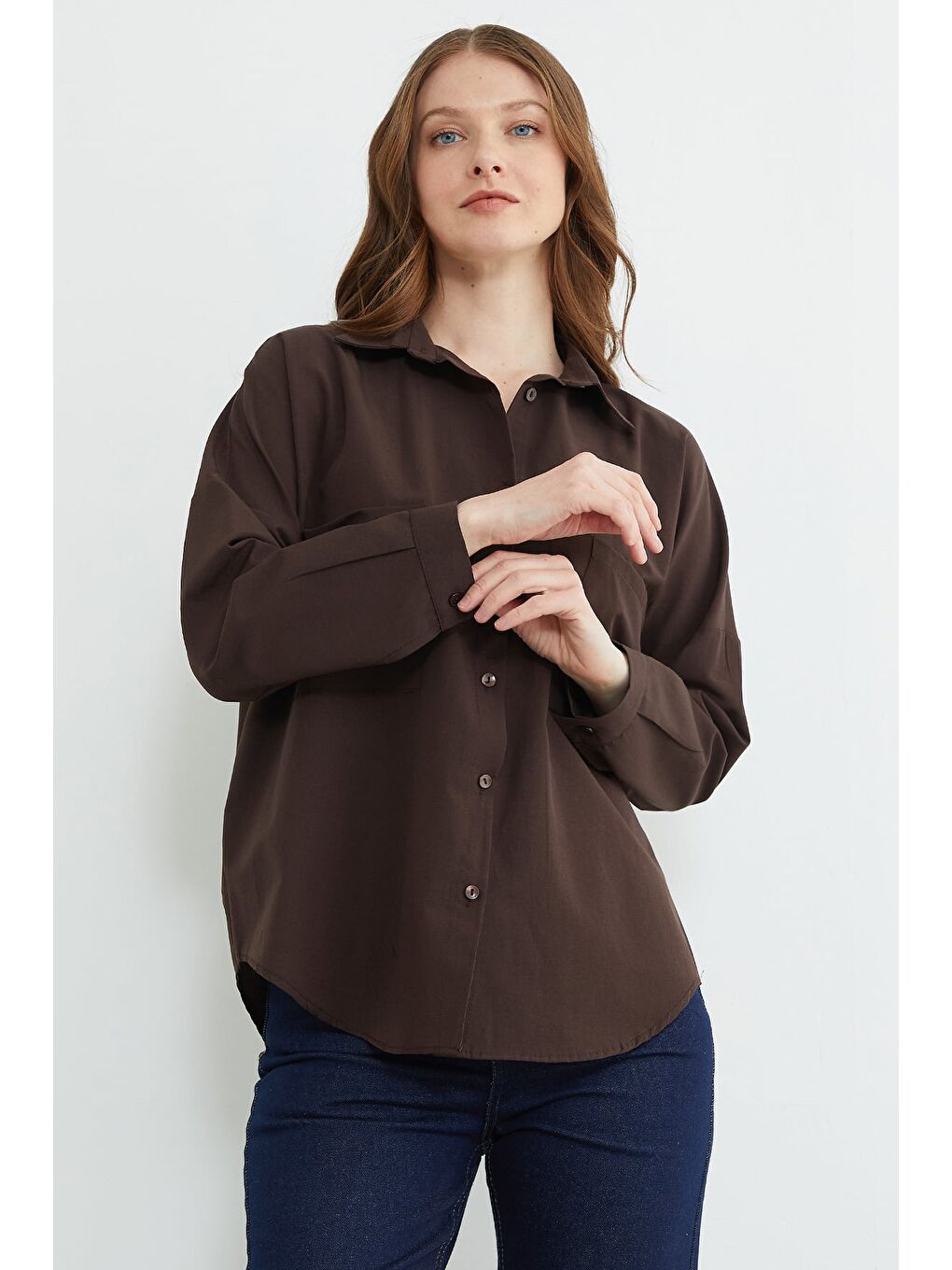 Kahverengi Basic Çift Cepli Gömlek-4
