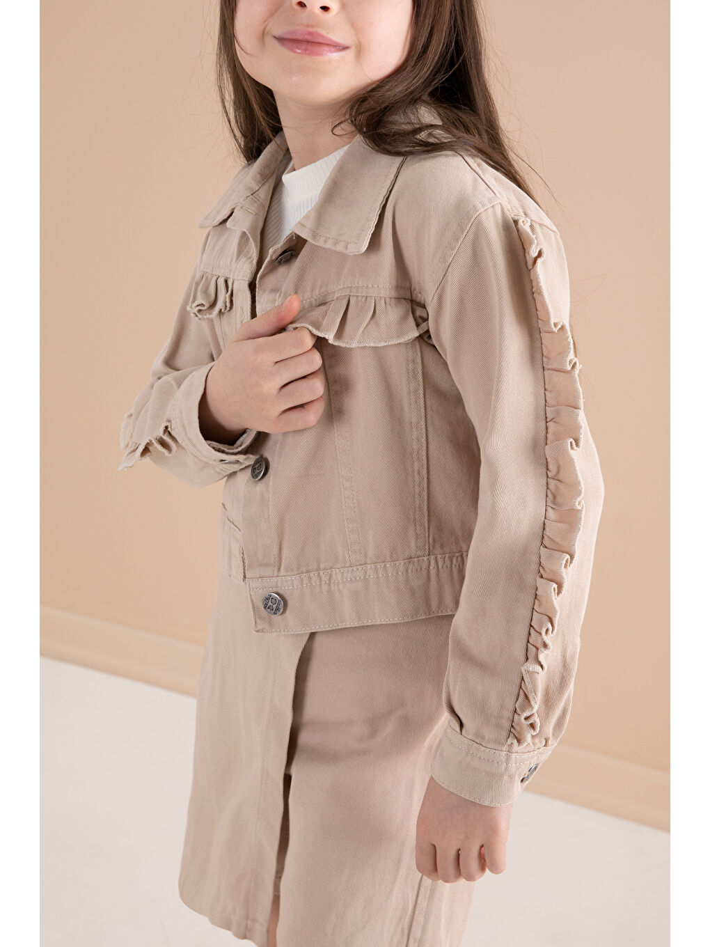 Bej Fırfır Detaylı Jean Ceketli Şort Etekli Kız Çocuk 3lü Takım 20172-1