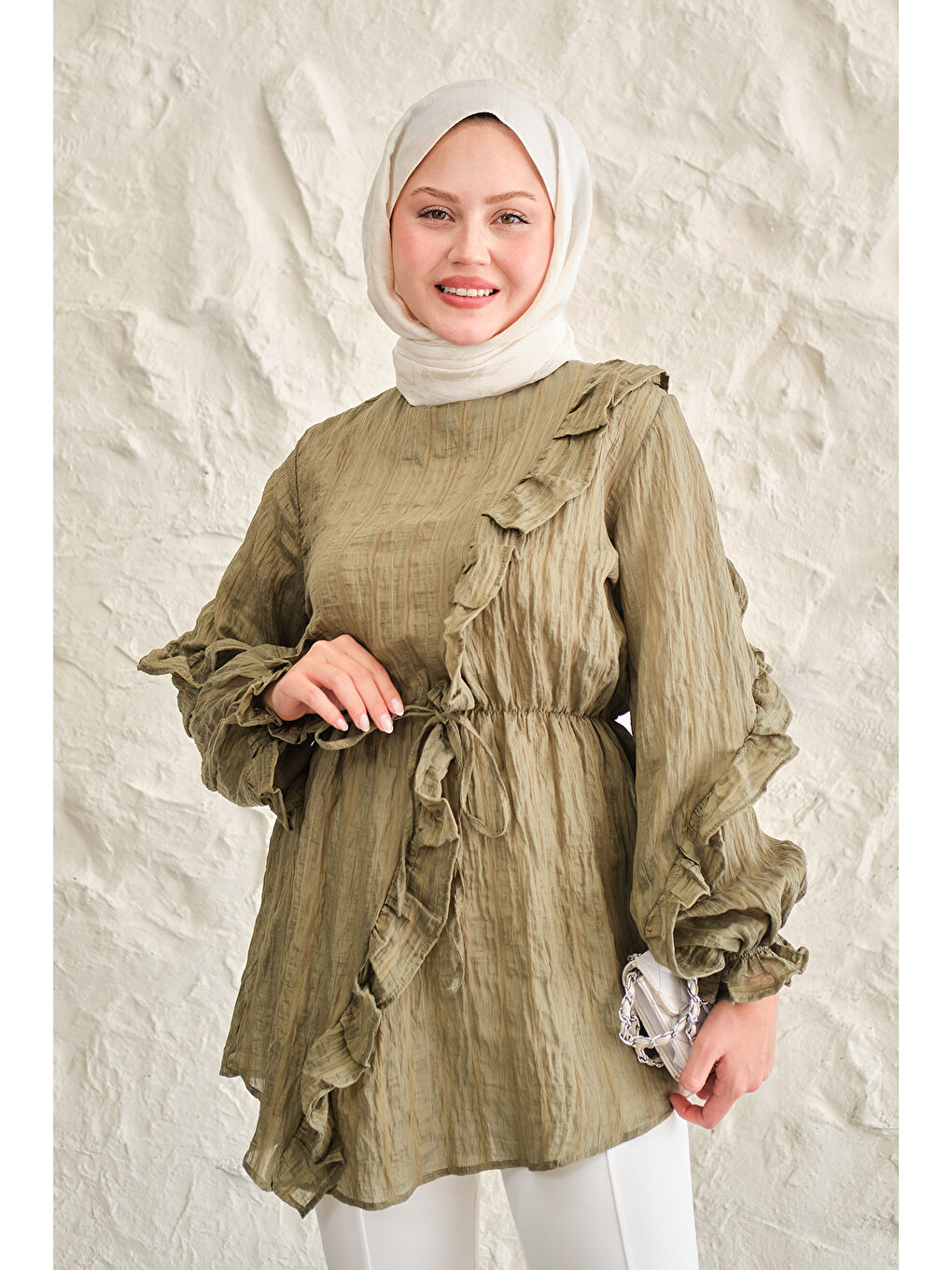 Kadın Önü Fırfırlı Ve Bağlama Detay Simli Tül Kumaş Tunik Yeşil-1