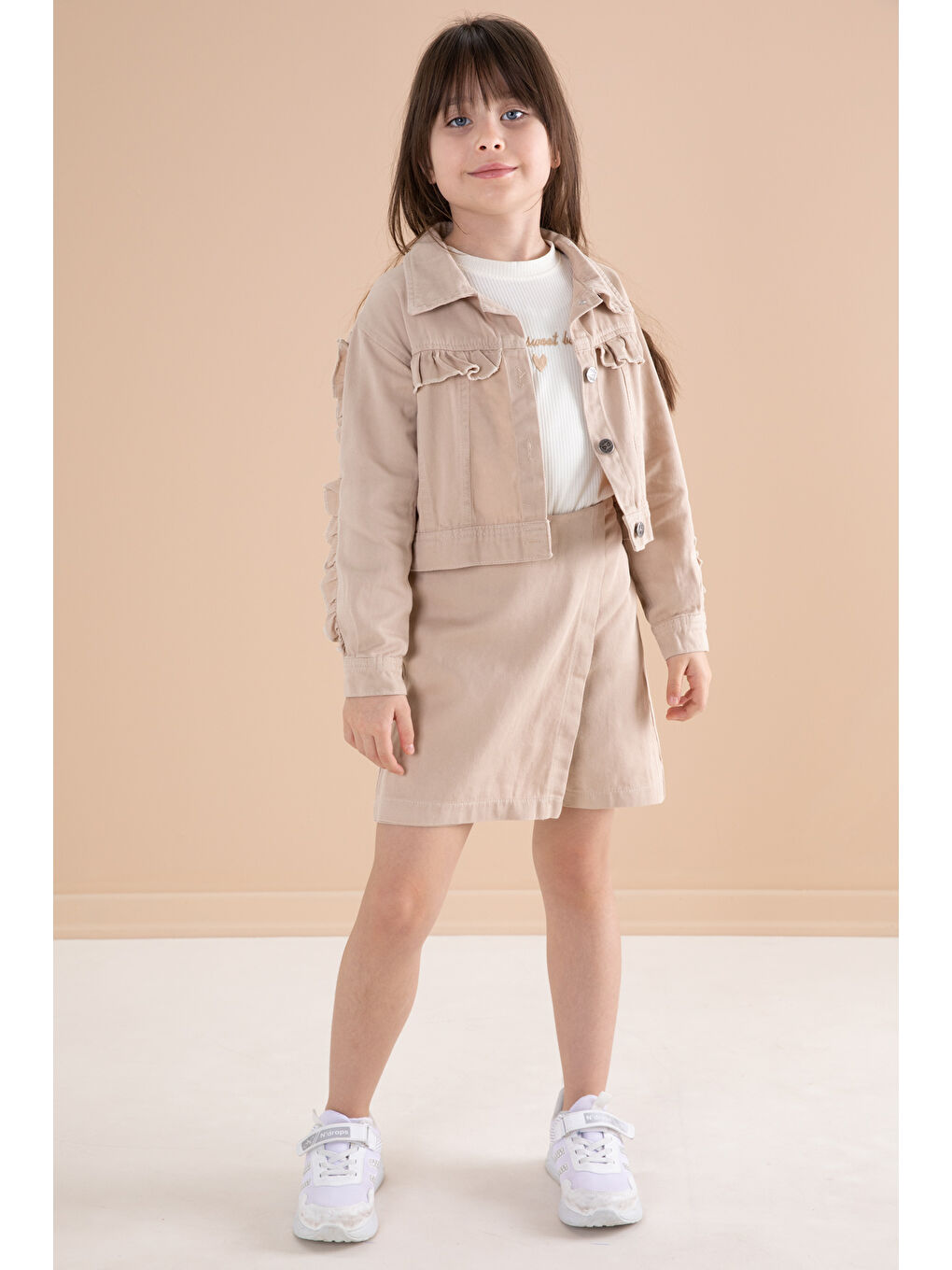 Bej Fırfır Detaylı Jean Ceketli Şort Etekli Kız Çocuk 3lü Takım 20172-2
