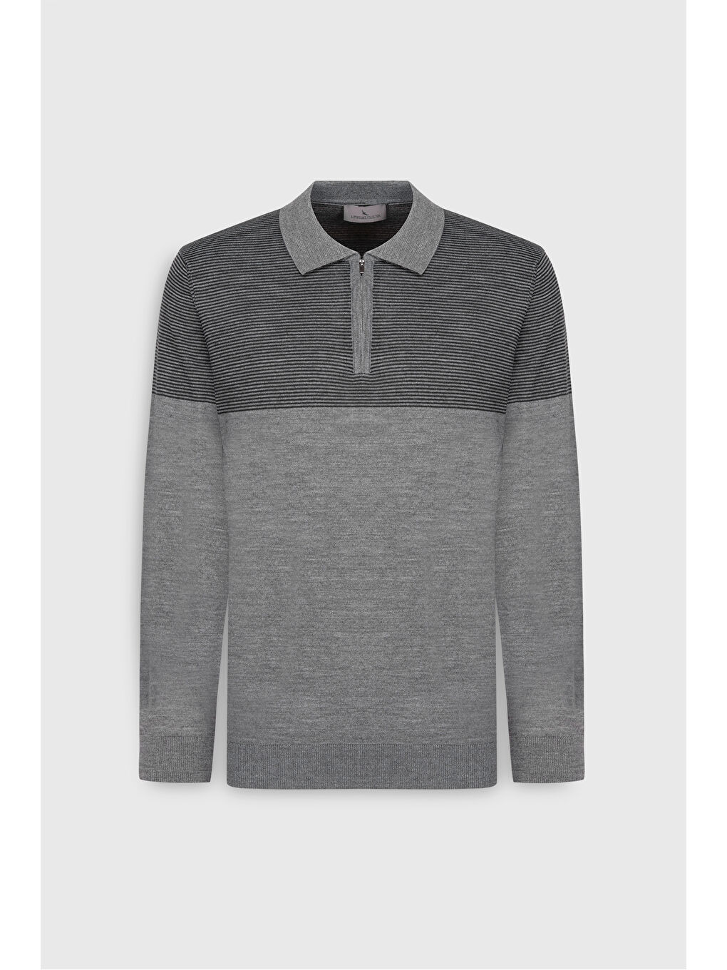 Erkek Gri Melanj Yün Standart Fit Normal Kesim Polo Yaka Çizgili Triko Kazak-5