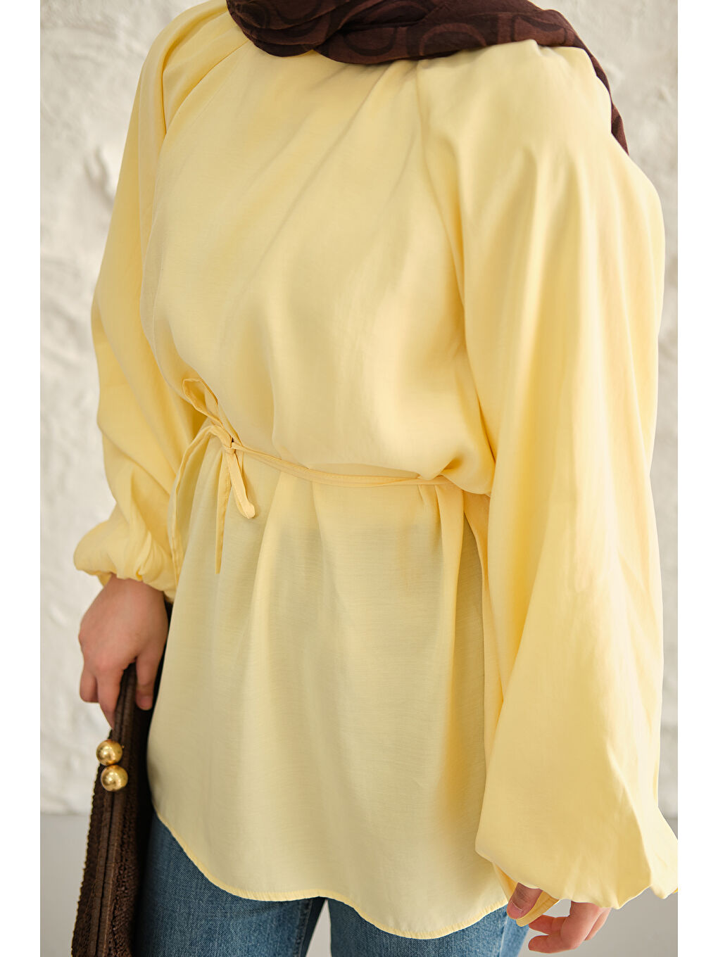 Kadın Bel Bağlamalı Tunik Sarı-4