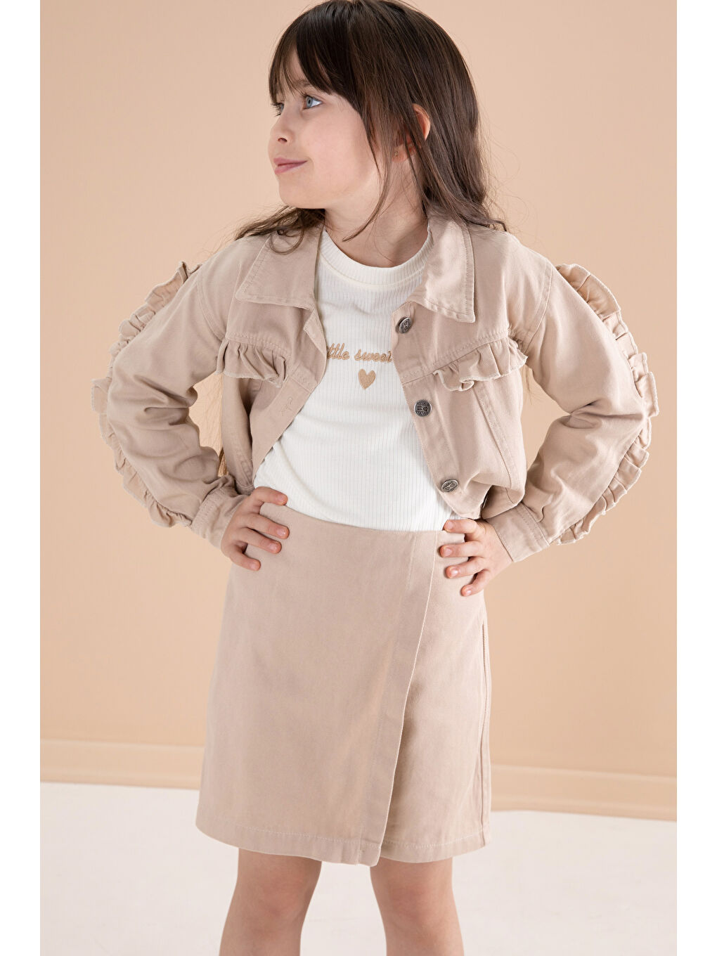 Bej Fırfır Detaylı Jean Ceketli Şort Etekli Kız Çocuk 3lü Takım 20172-4