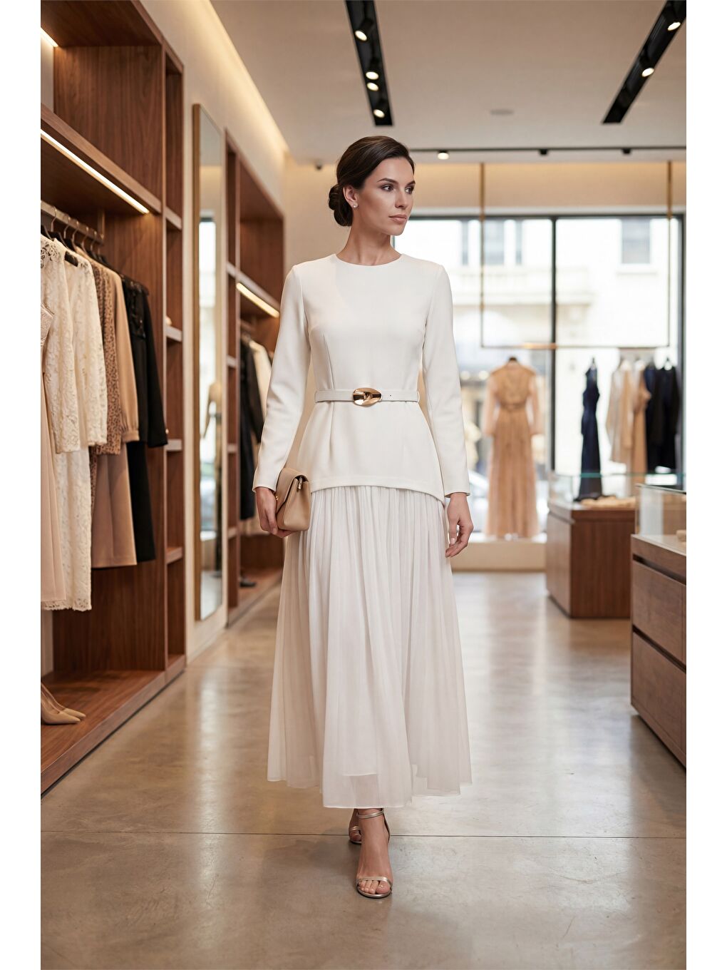 Kadın Beyaz Kemerli Midi Abiye Elbise-4