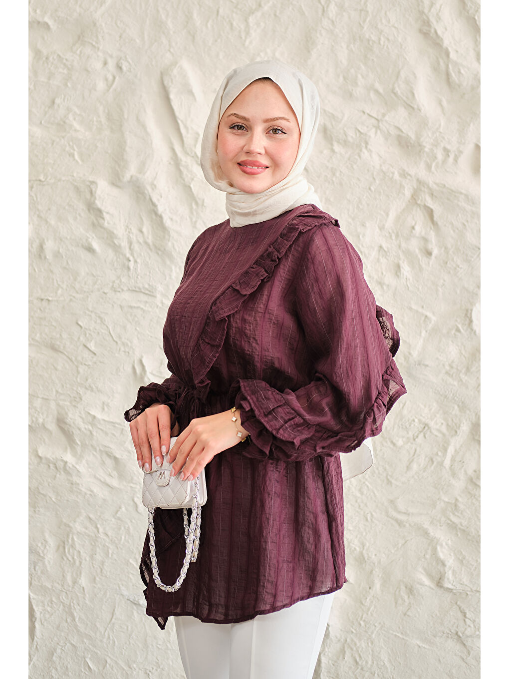 Kadın Önü Fırfırlı Ve Bağlama Detay Simli Tül Kumaş Tunik Bordo-1