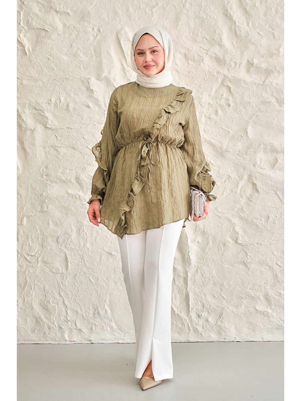 Kadın Önü Fırfırlı Ve Bağlama Detay Simli Tül Kumaş Tunik Yeşil-2