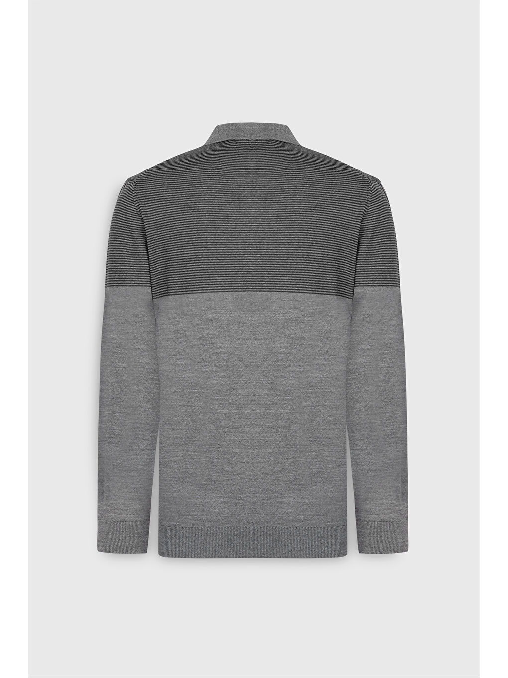 Erkek Gri Melanj Yün Standart Fit Normal Kesim Polo Yaka Çizgili Triko Kazak-8