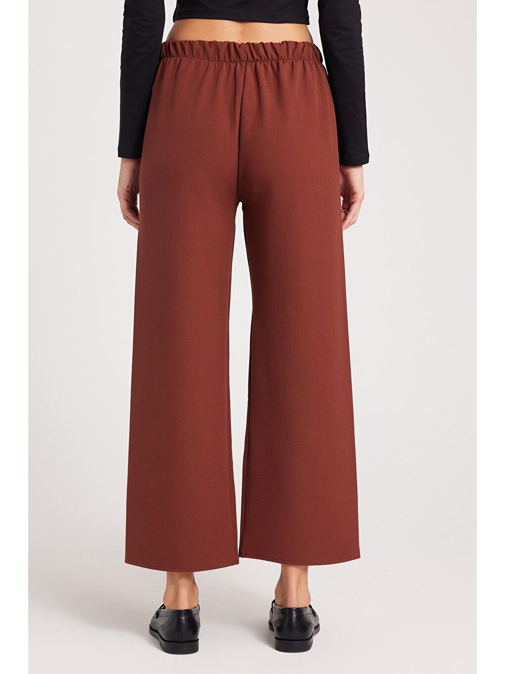 Kadın Relax Fit Rahat Kesim Lastikli Kuşak Bağlamalı Geniş Paça Kahverengi Pantolon-6