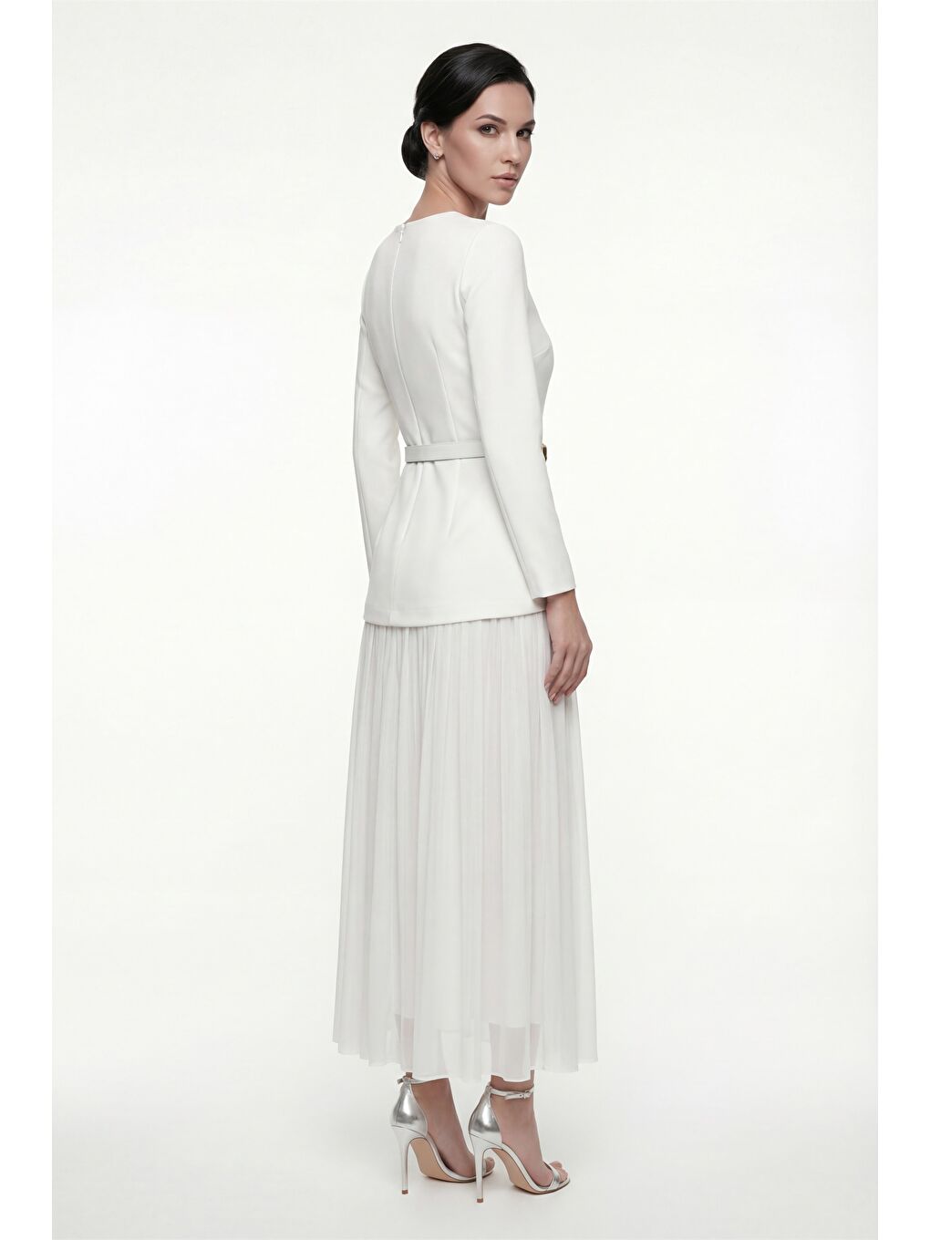 Kadın Beyaz Kemerli Midi Abiye Elbise-5