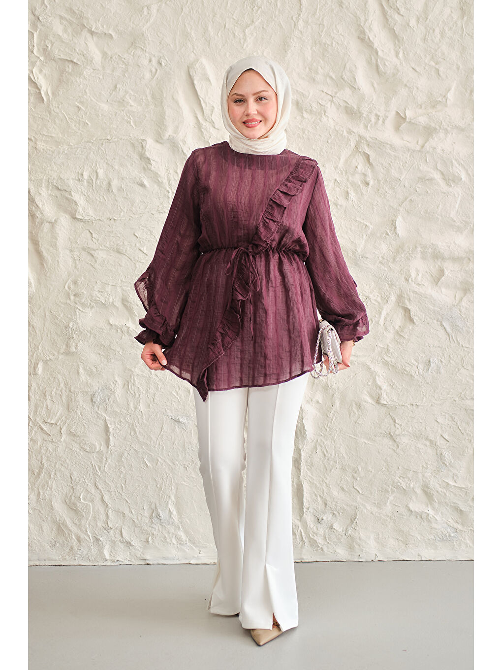 Kadın Önü Fırfırlı Ve Bağlama Detay Simli Tül Kumaş Tunik Bordo-2