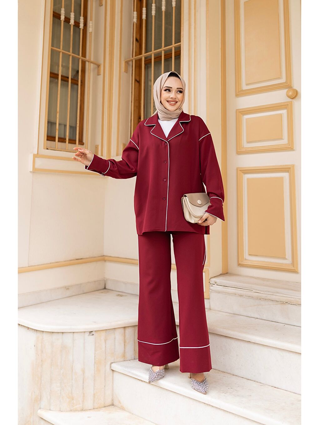 Kadın Çizgi Detay İkili Takım Bordo