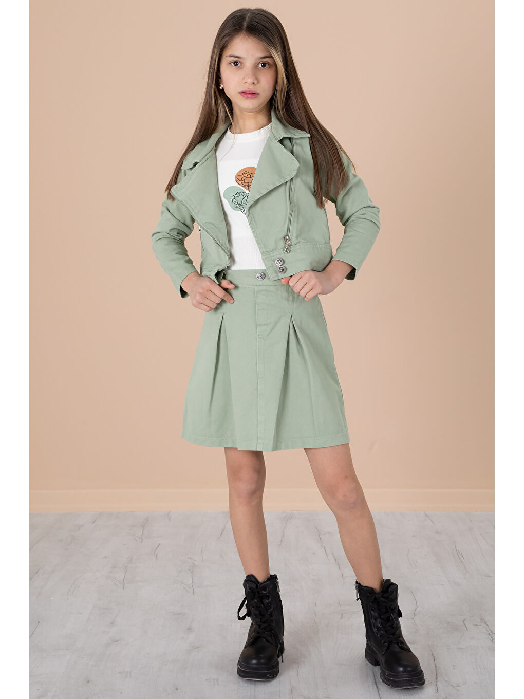Yeşil Yan Fermuarlı Jean Ceketli 3lü Etekli Kız Çocuk Takım 20216