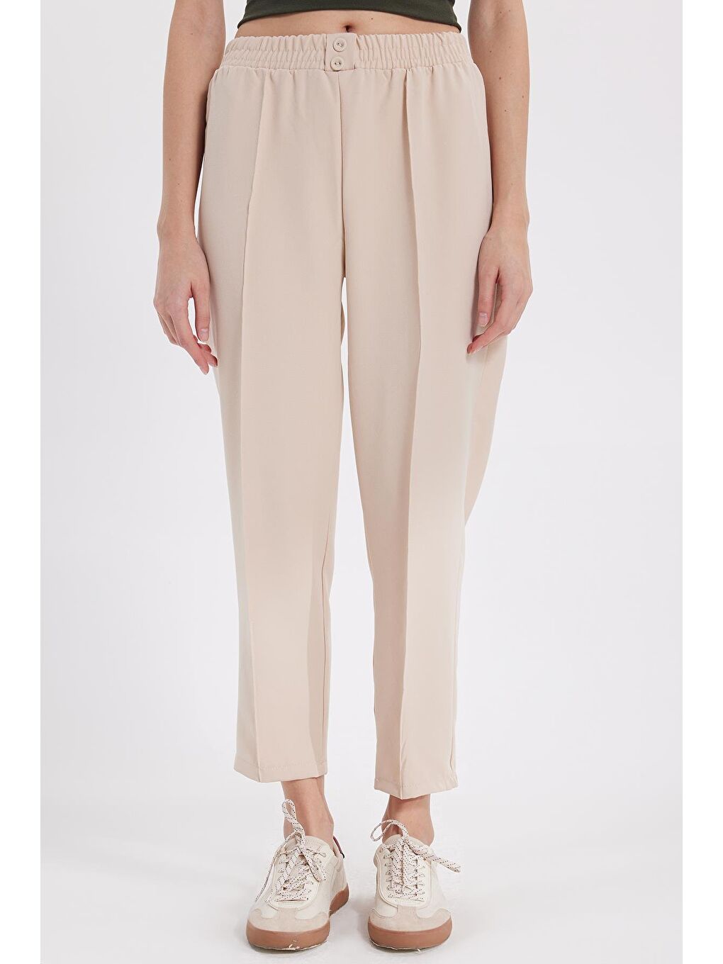 Kadın Relax Fit Rahat Kesim Yüksel Bel Düz Paça Beli Lastikli Açık Bej Pantolon
