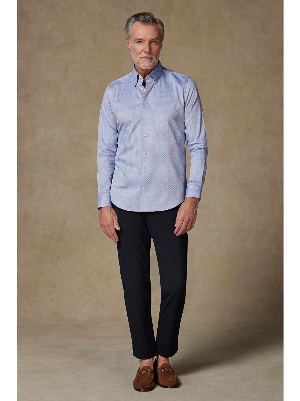 Carlo Armür Pamuklu Slim Fit Mavi Düğmeli Yaka Erkek Baskılı %100 Pamuk Gömlek-2