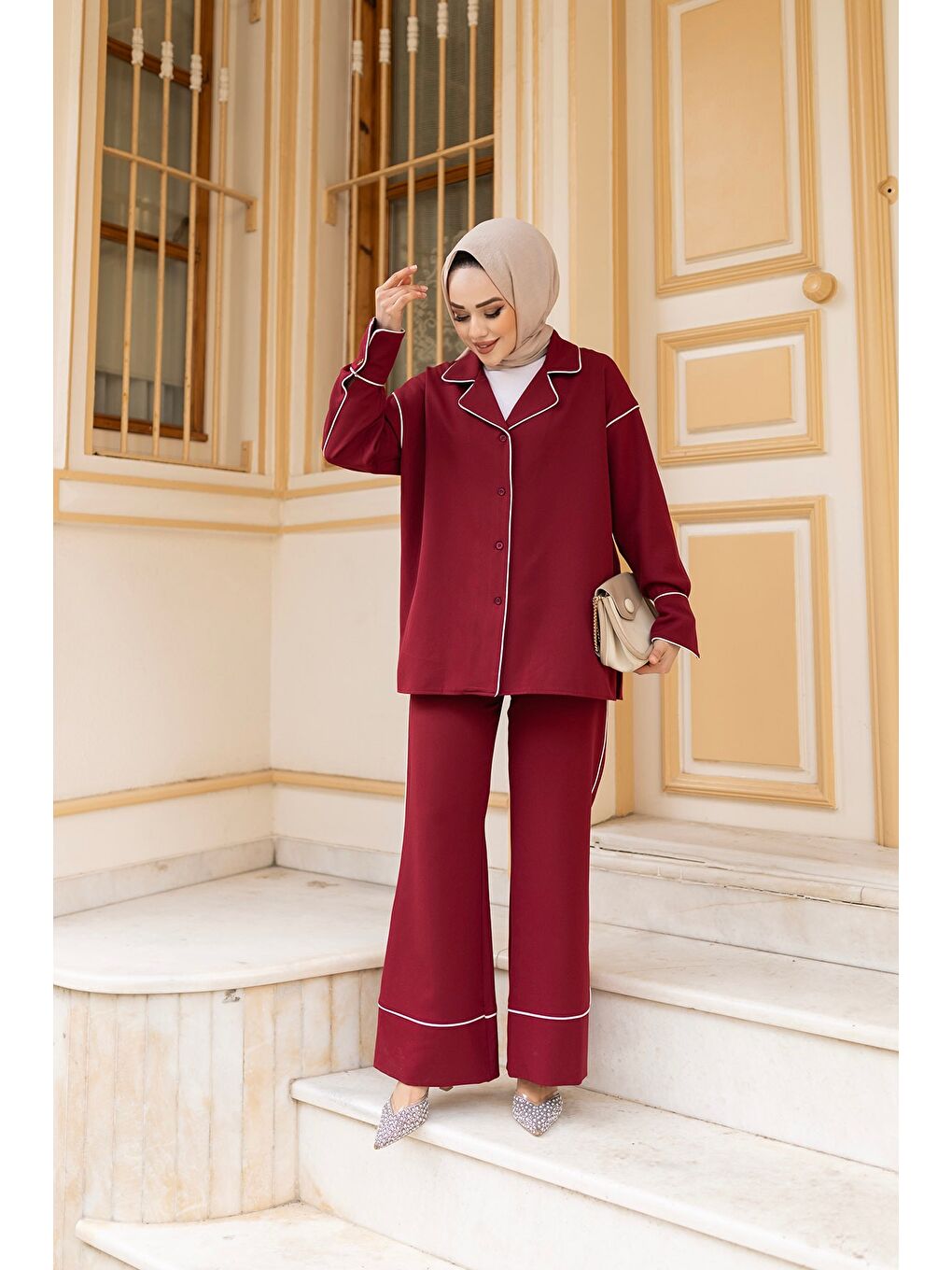 Kadın Çizgi Detay İkili Takım Bordo-2