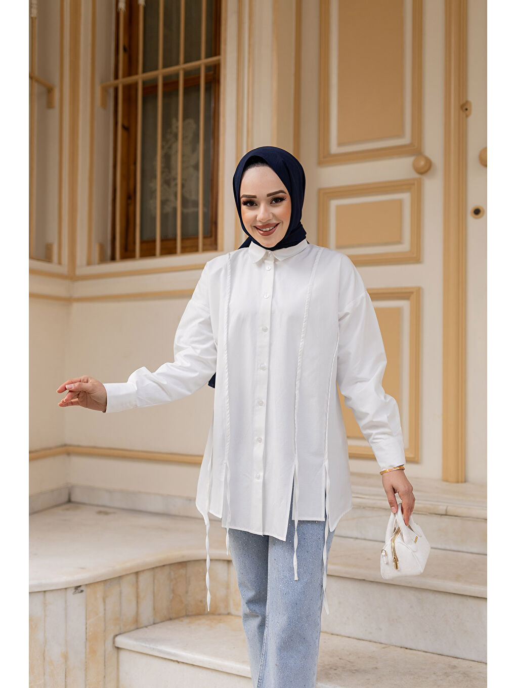 Kadın İp Detaylı Yırtmaçlı Gömlek Beyaz-2