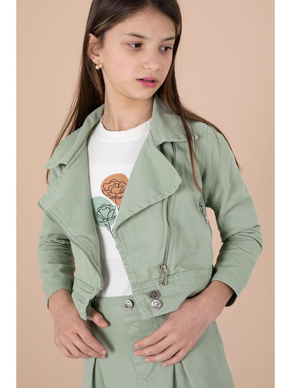 Yeşil Yan Fermuarlı Jean Ceketli 3lü Etekli Kız Çocuk Takım 20216-1