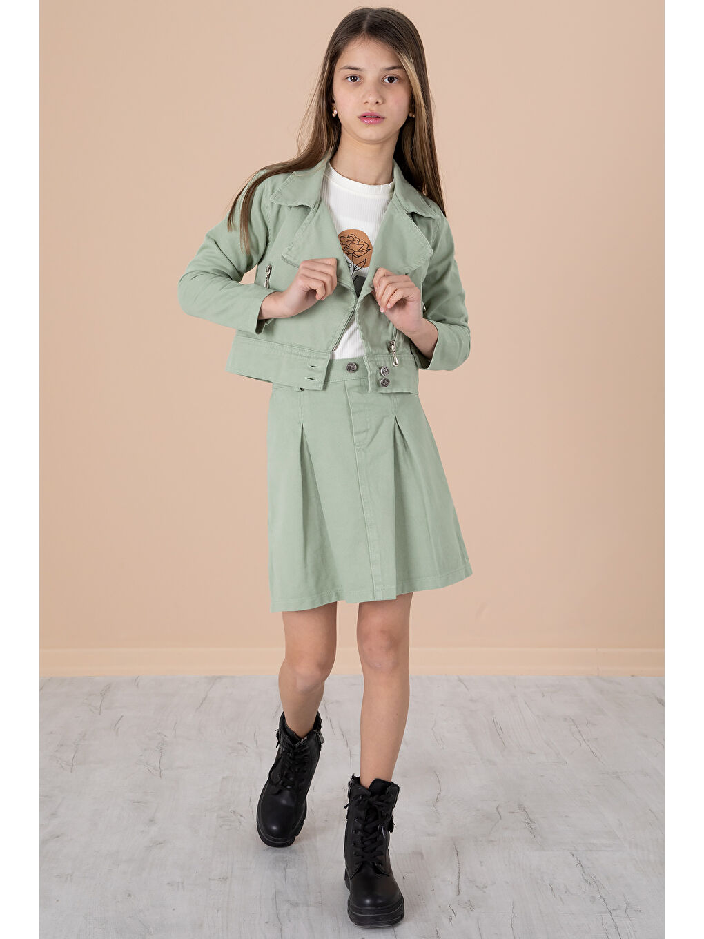 Yeşil Yan Fermuarlı Jean Ceketli 3lü Etekli Kız Çocuk Takım 20216-2