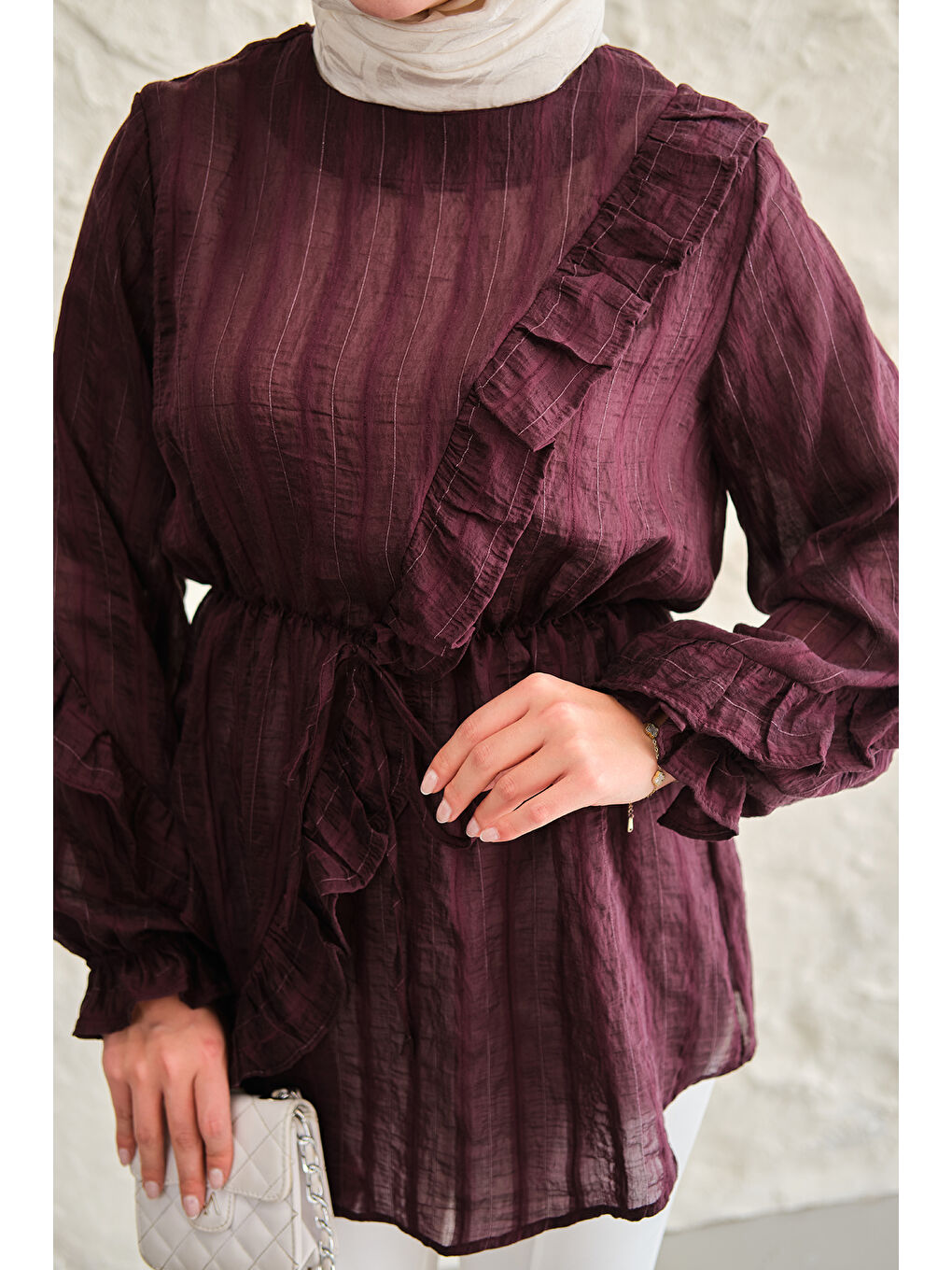Kadın Önü Fırfırlı Ve Bağlama Detay Simli Tül Kumaş Tunik Bordo-3