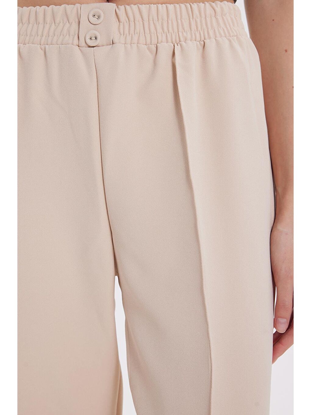 Kadın Relax Fit Rahat Kesim Yüksel Bel Düz Paça Beli Lastikli Açık Bej Pantolon-2