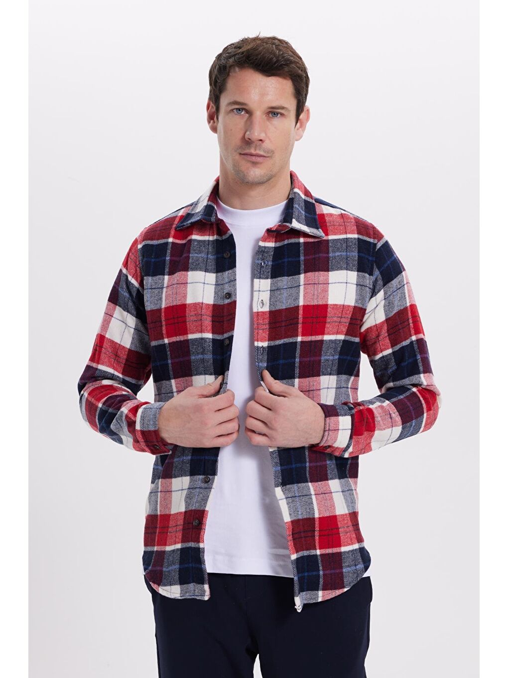 Kırmızı Erkek Slim Fit Dar Kesim Kareli Kışlık Oduncu Gömlek