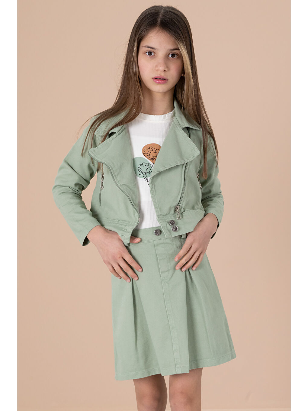 Yeşil Yan Fermuarlı Jean Ceketli 3lü Etekli Kız Çocuk Takım 20216-3