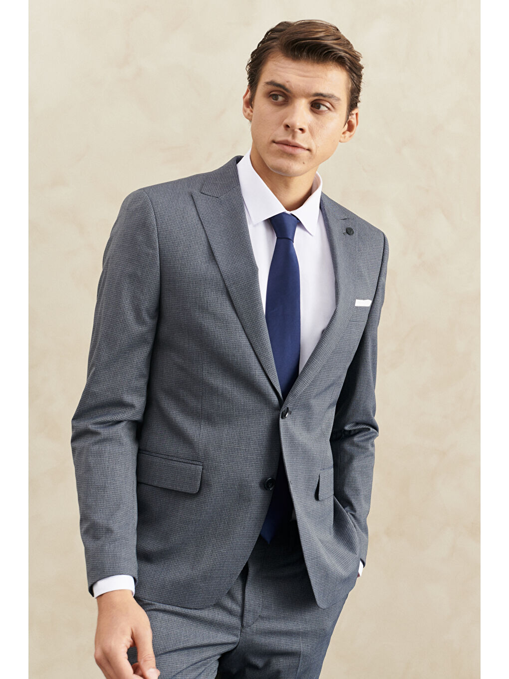 Erkek Lacivert-Gri Ekstra Slim Fit Kırlangıç Yaka Kareli Klasik Takım Elbise