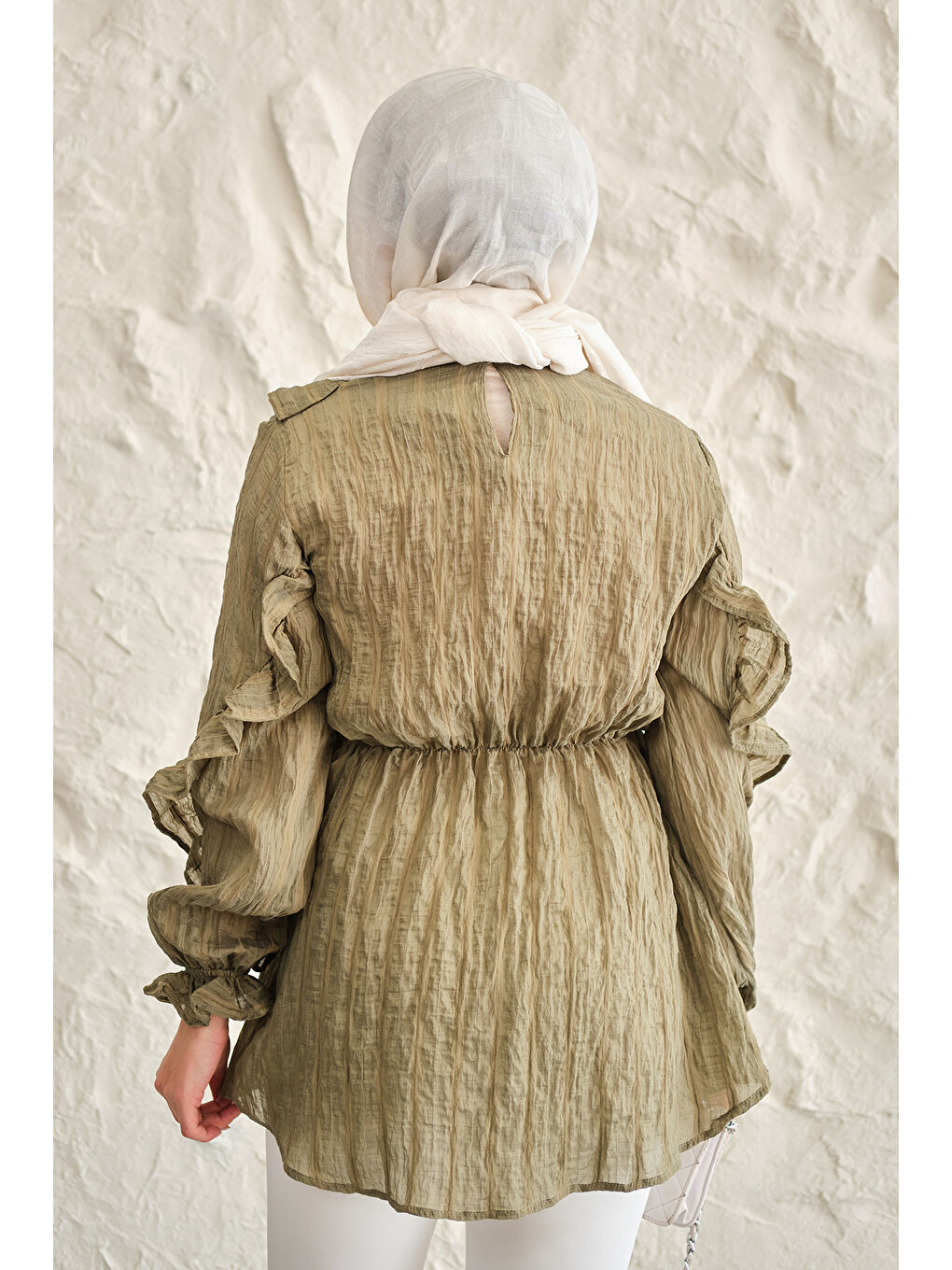 Kadın Önü Fırfırlı Ve Bağlama Detay Simli Tül Kumaş Tunik Yeşil-4