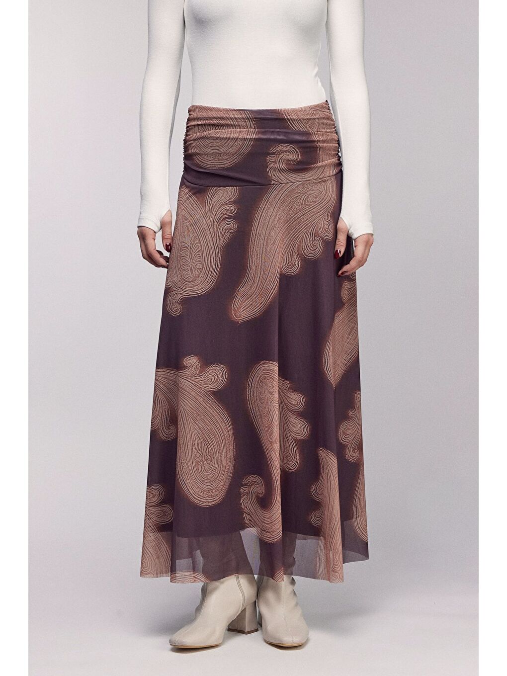 Kahverengi Şal Desenli Beli Drapeli Dökümlü Etek - Astarlı