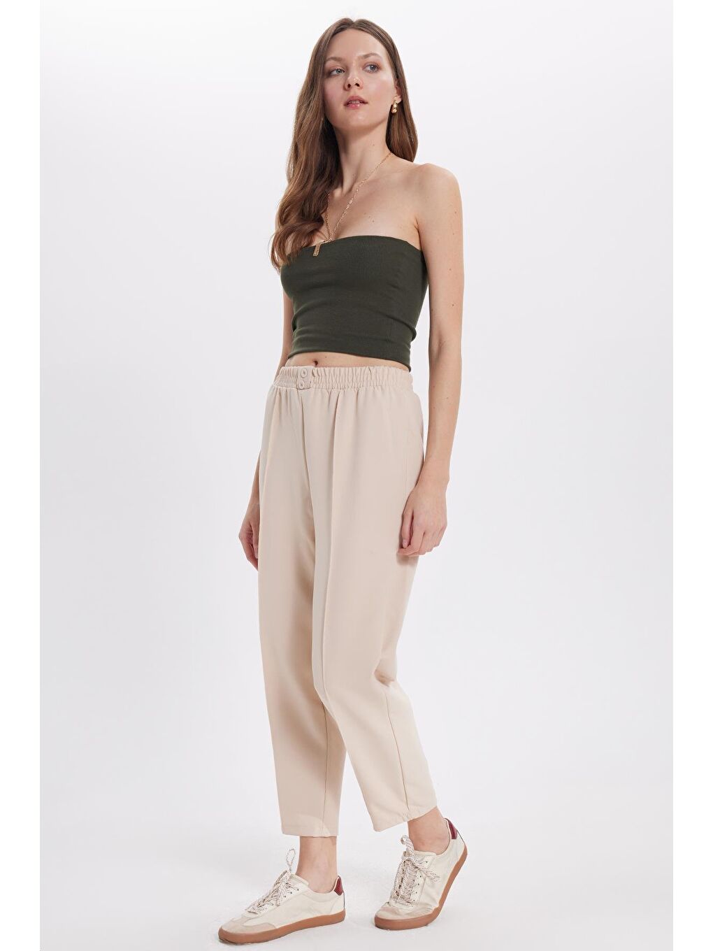 Kadın Relax Fit Rahat Kesim Yüksel Bel Düz Paça Beli Lastikli Açık Bej Pantolon-3